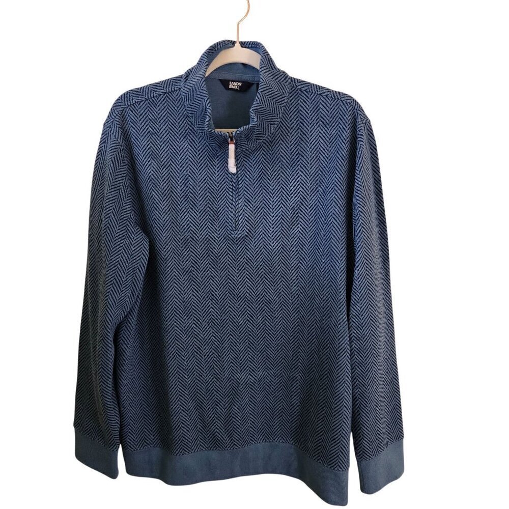 Lands' End NWOT 1/4 Zip Blue Zig Zag Cozy Mock Neck Sweatshirt Size L